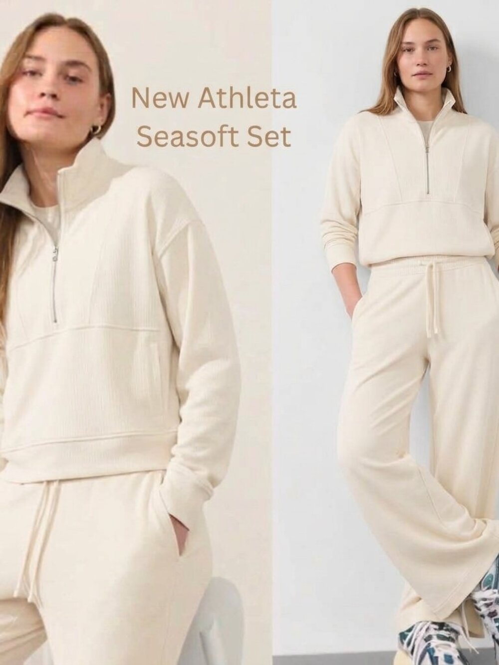 Athleta NWT Seasoft Set Quarter Zip Sweatshirt/Straight Leg Pants L Bone White